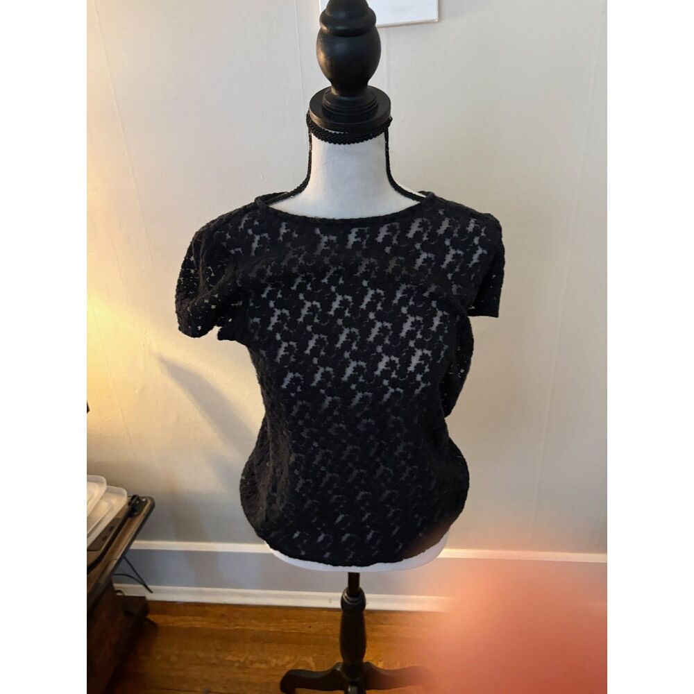Ann Taylor LOFT Black Floral Lace Overlay Top — Short Sleeve, Size S